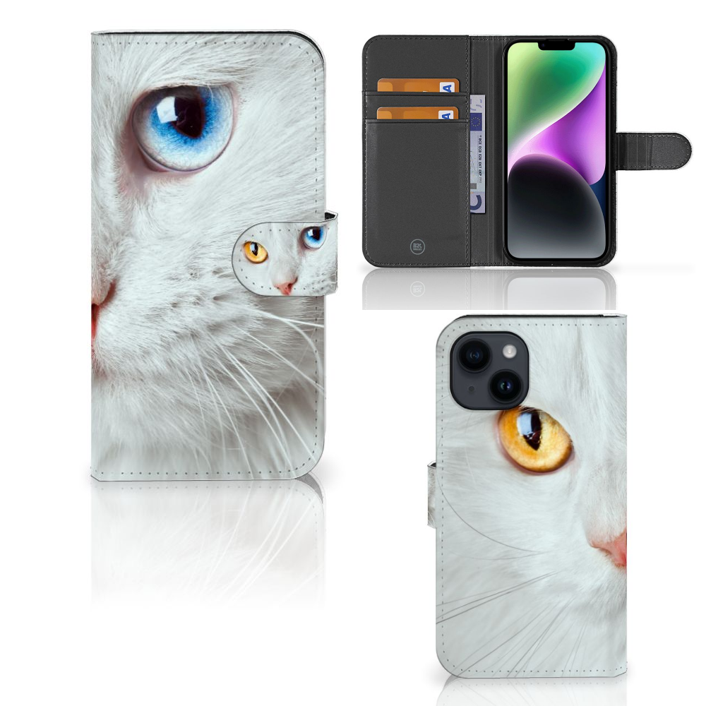 iPhone 15 Telefoonhoesje met Pasjes Witte Kat, met unieke witte kat met blauwe en oranje ogen 🐱.