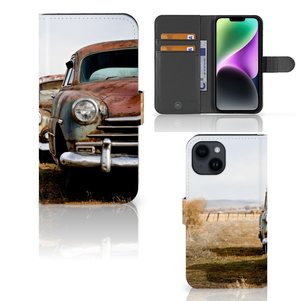 iPhone 15 Telefoonhoesje met foto Vintage Auto, met ruimte voor 3 pasjes en een vintage autoprint.
