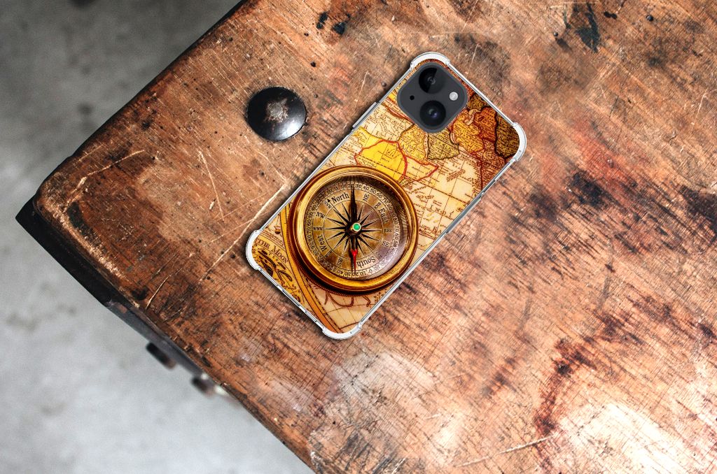 iPhone 15 Telefoonhoesje met valbescherming Kompas achterkant op houten tafel