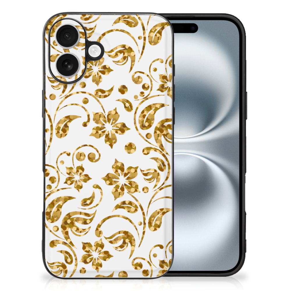 iPhone 16 Bloemen Hoesje Gouden Bloemen back cover gouden bloemen design zwart