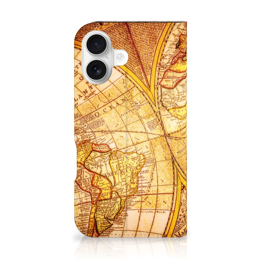 iPhone 16 Book Cover Kompas vintage wereldkaart design achteraanzicht