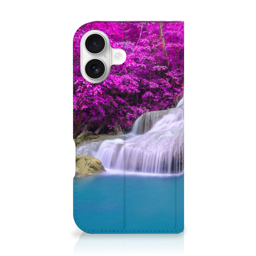 iPhone 16 Book Cover Waterval boekenkast waterval roze aanzicht
