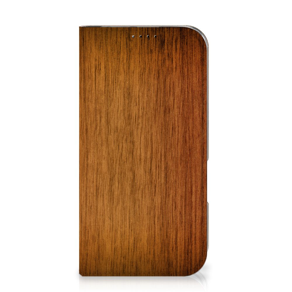 iPhone 16 Book Wallet Case Donker Hout hoesje design donkerhout aanzicht