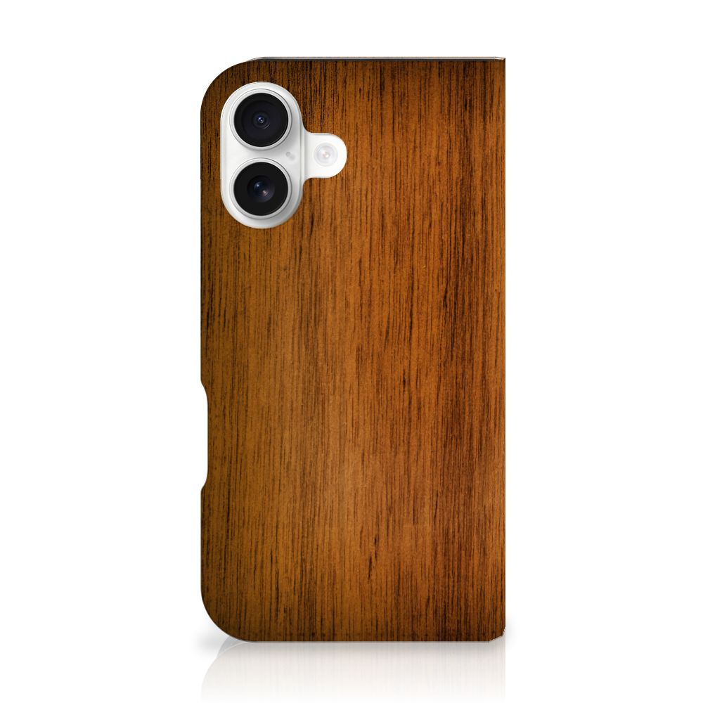 iPhone 16 Book Wallet Case Donker Hout achterkant hout structuur