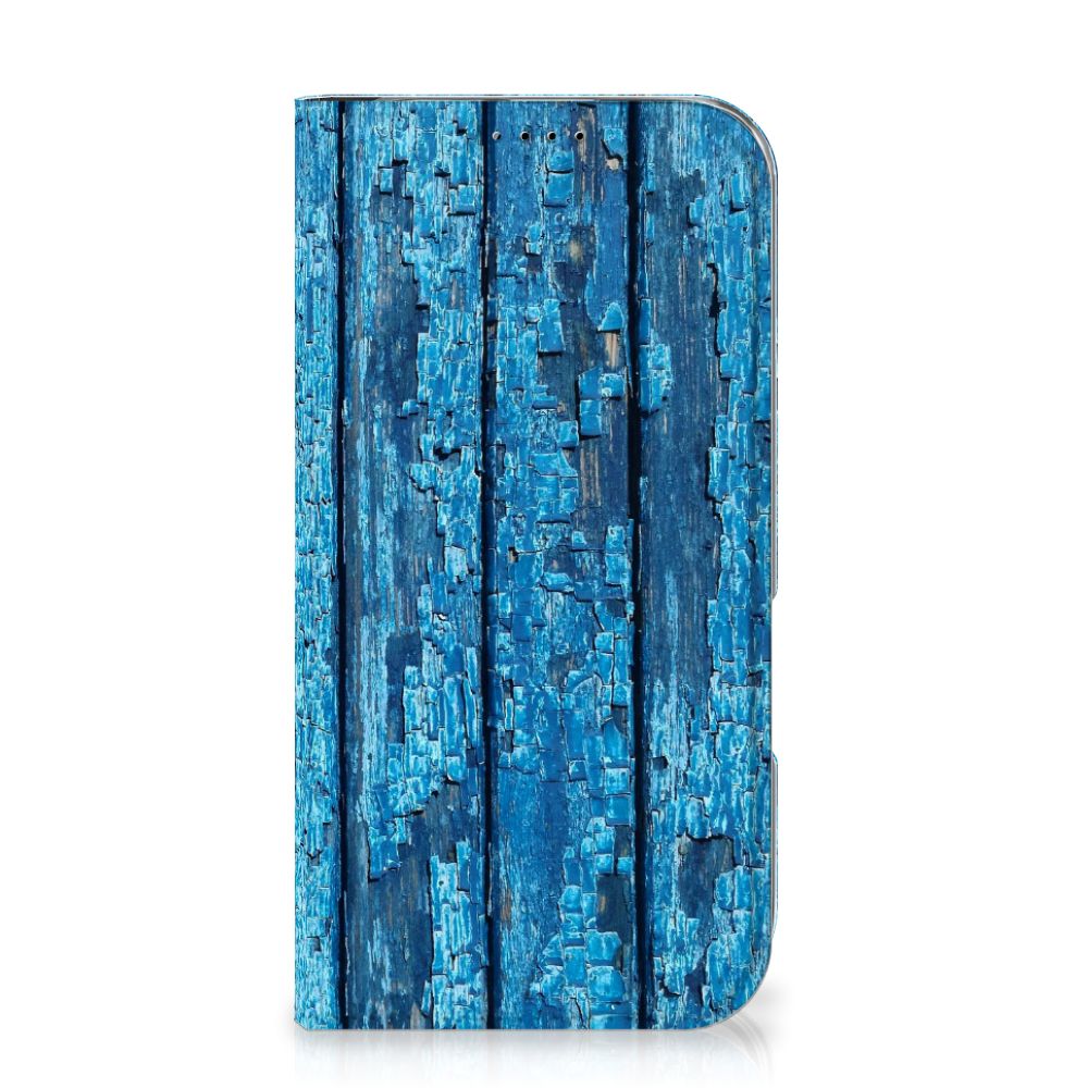 iPhone 16 Book Wallet Case Wood Blue design blauw hout aanzicht