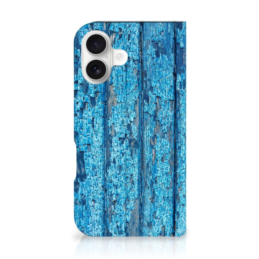 iPhone 16 Book Wallet Case Wood Blue blauw hout design achterkant