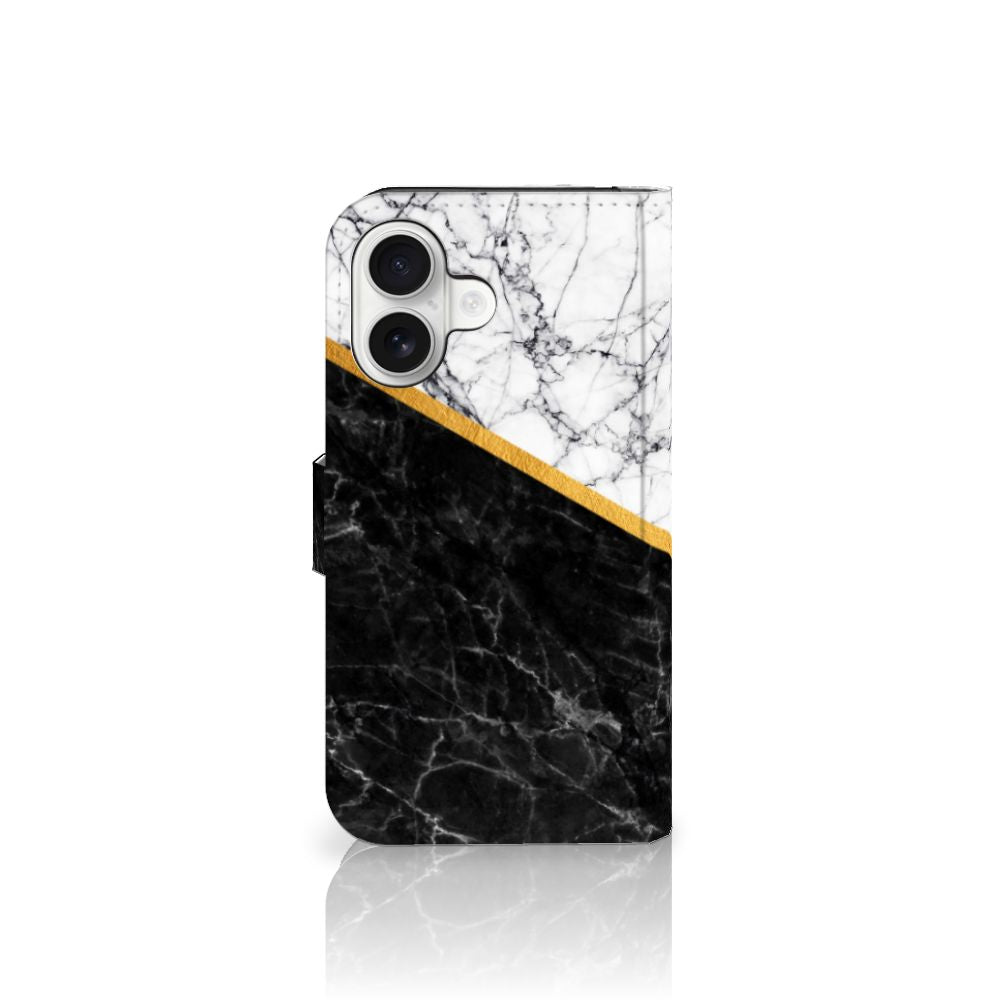 iPhone 16 Bookcase Marmer Wit Zwart design boekcase aanzicht