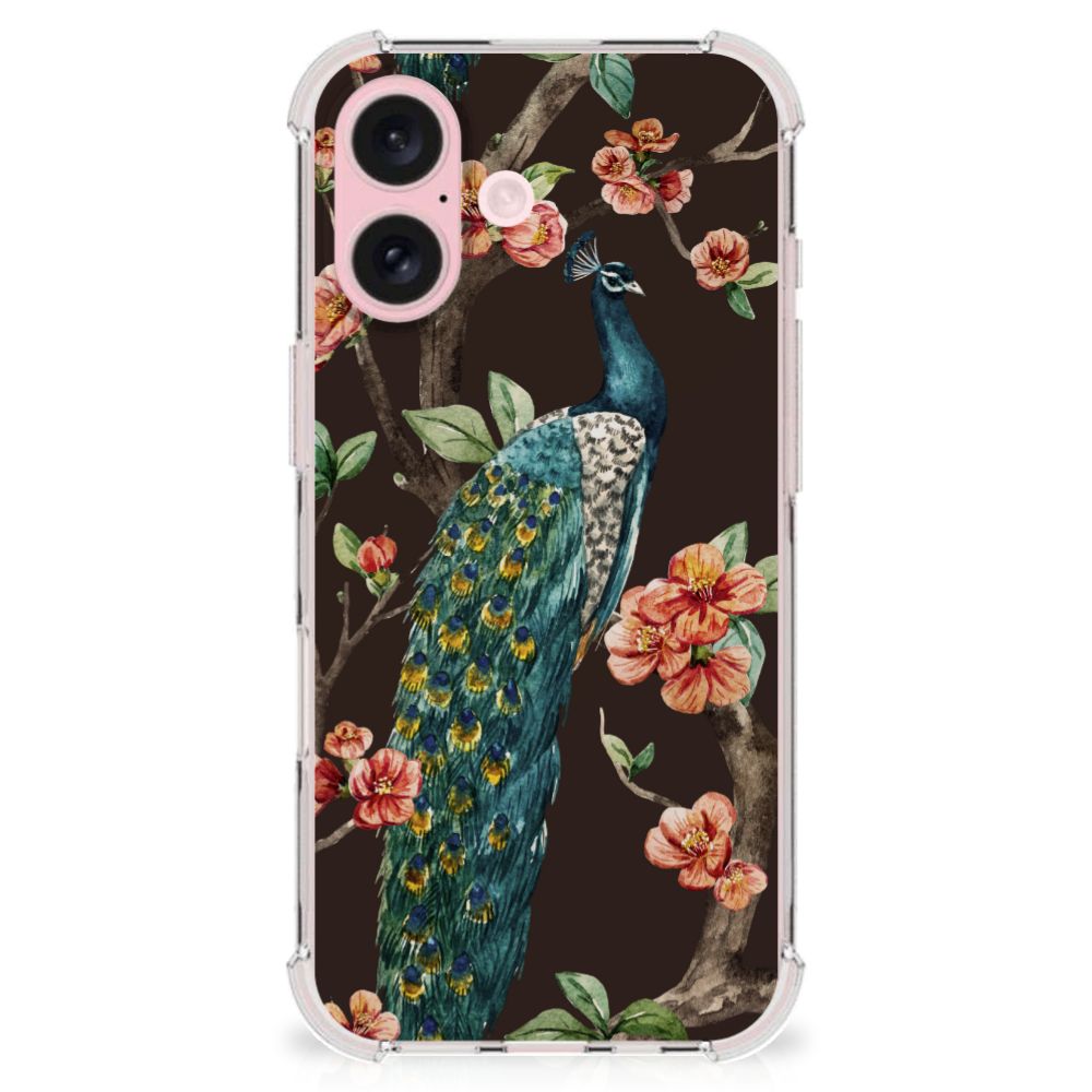 iPhone 16 Case Anti-shock Pauw met Bloemen design pauw bloemen voorzijde