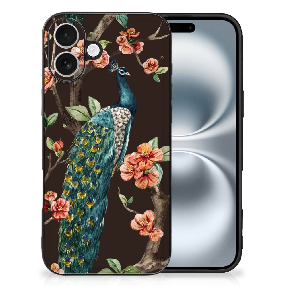 Apple iPhone 16 Dierenprint Telefoonhoesje Pauw met Bloemen voorkant