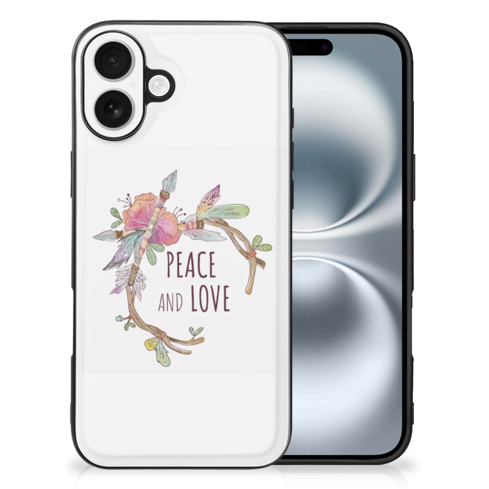 Apple iPhone 16 Hoesje Boho Text illustraties achterkant peace and love