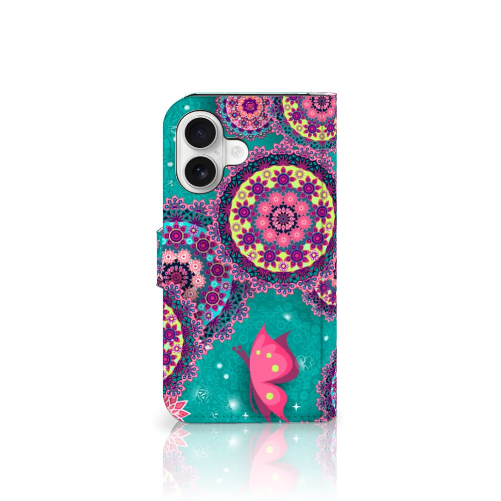 iPhone 16 Hoesje Cirkels en Vlinders bookstyle case tekening voorkant