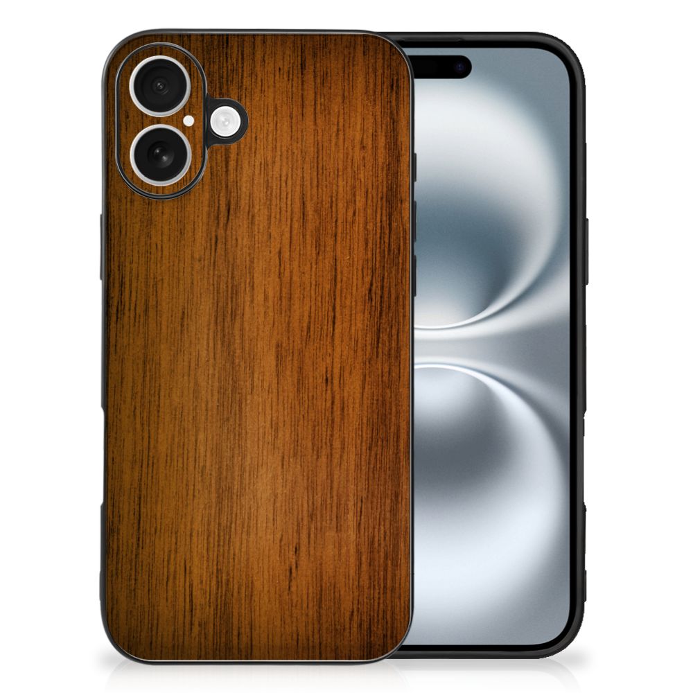 Apple iPhone 16 iPhone 16 Houten Print Telefoonhoesje Donker Hout achterzijde