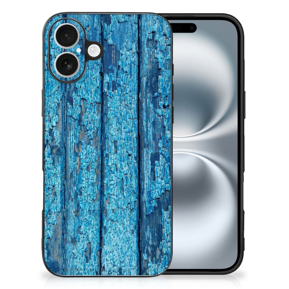 Apple iPhone 16 iPhone 16 Houten Print Telefoonhoesje Wood Blue achterkant houtprint blauw