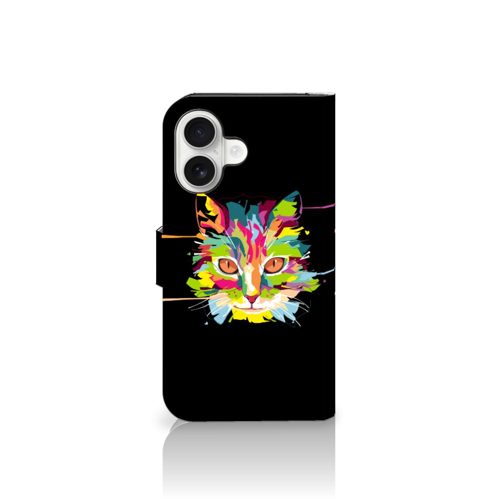 iPhone 16 Leuk Hoesje Cat Color kat gezicht kleurrijk zwart