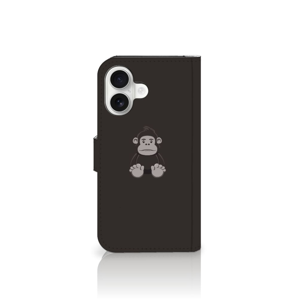 Apple iPhone 16 Leuk Hoesje Gorilla boekhoes met knuffelgorilla aanzicht