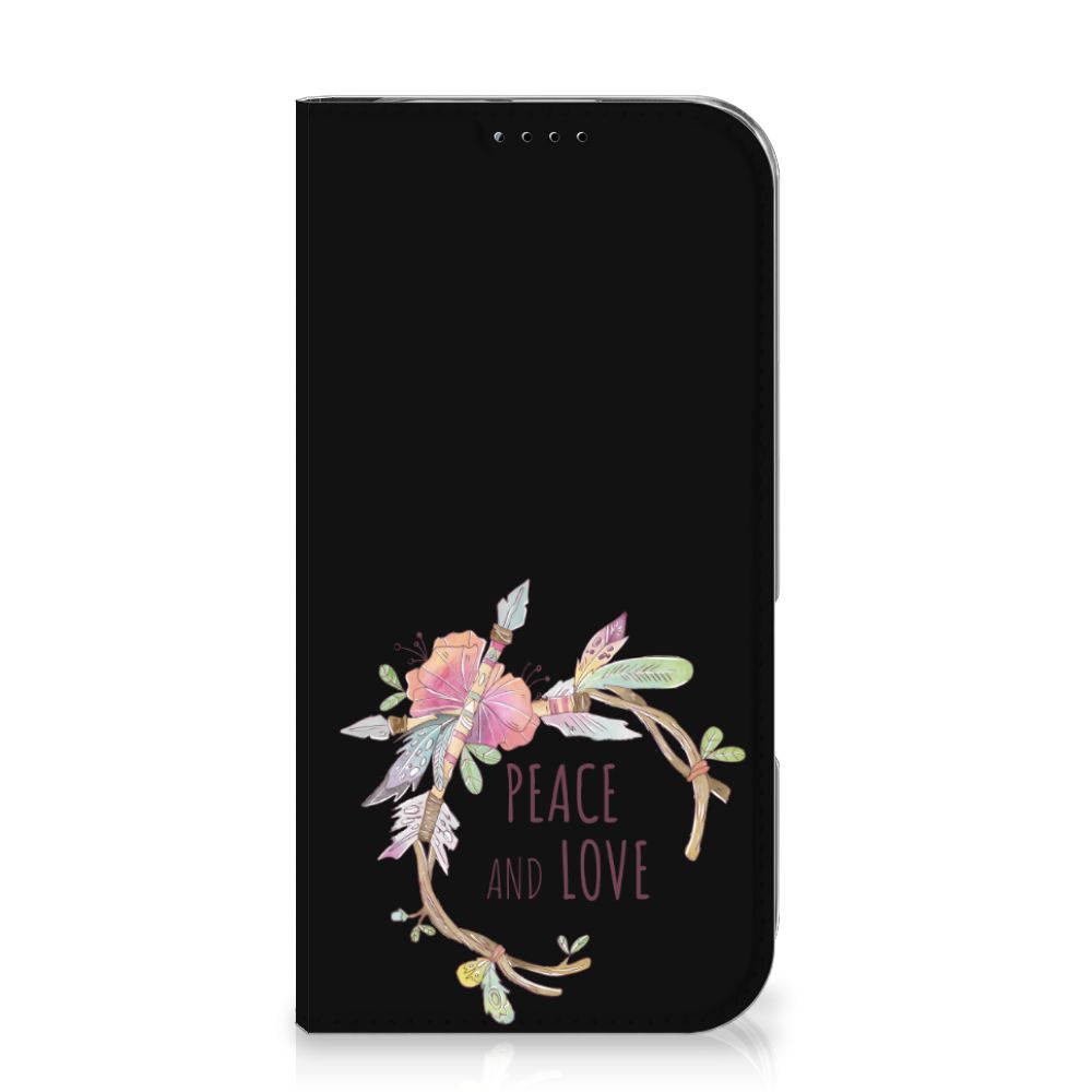 iPhone 16 Magnet Case Boho Text voorkant floral design Peace and Love