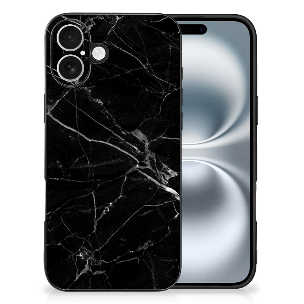 Apple iPhone 16 Marmeren Print Telefoonhoesje Marmer Zwart achterkant zwart marmer steen