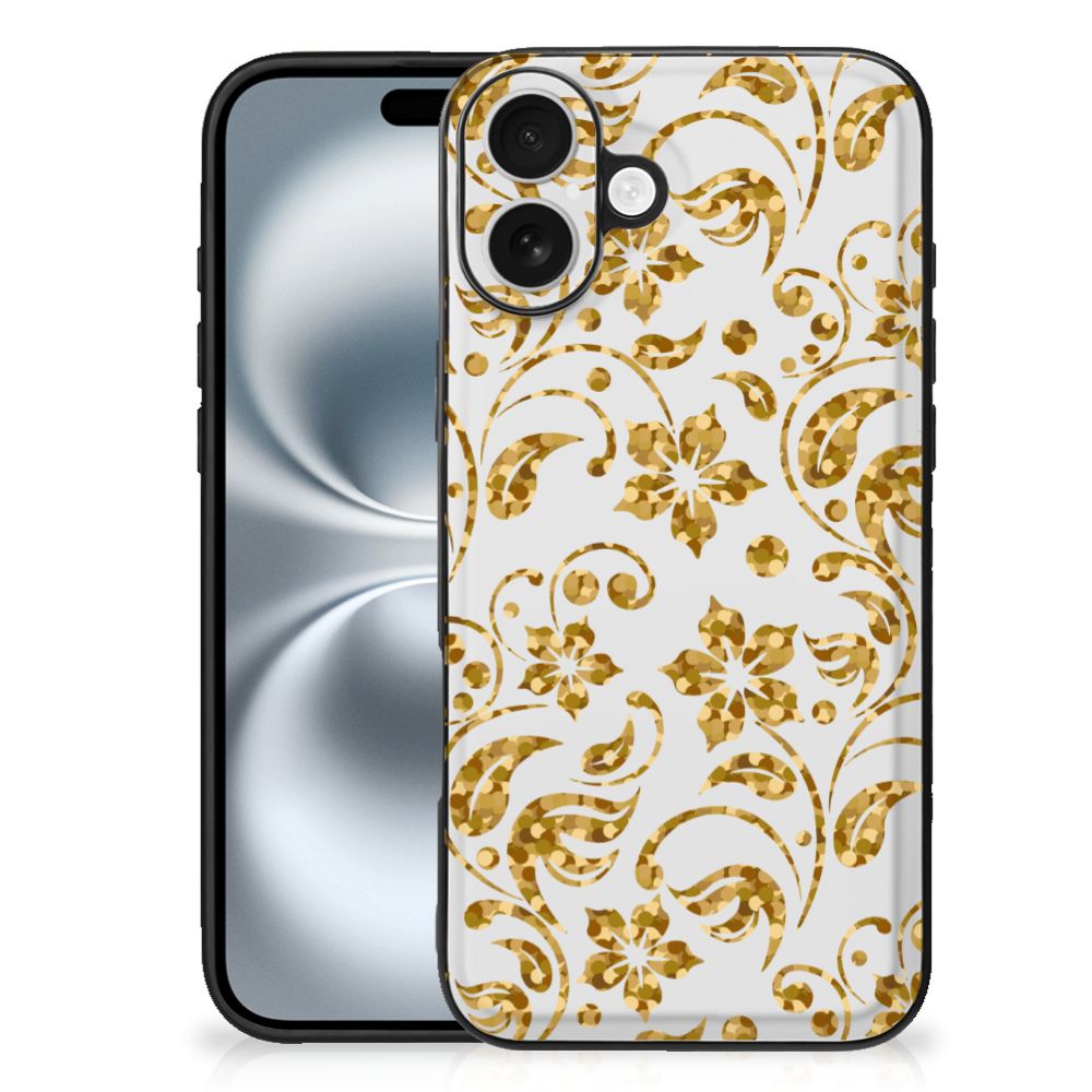 Apple iPhone 16 Plus Bloemen Hoesje Gouden Bloemen bloemen planten back cover design met zwarte randen