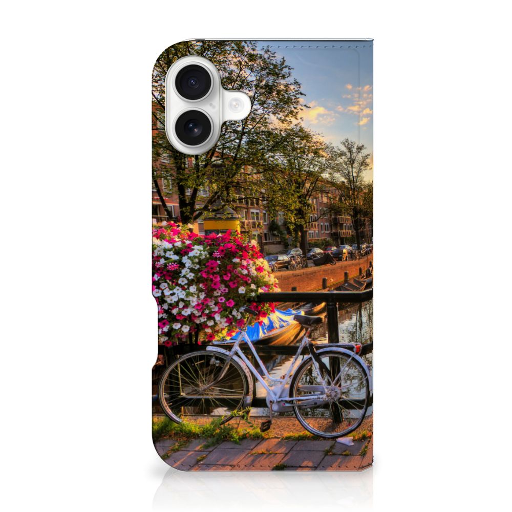 iPhone 16 Plus Book Cover Amsterdamse Grachten design fiets bloemen aanzicht