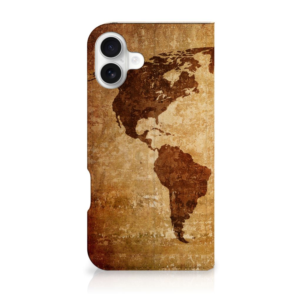 iPhone 16 Plus Book Cover Wereldkaart wereldkaart bruin ontwerp voorkant