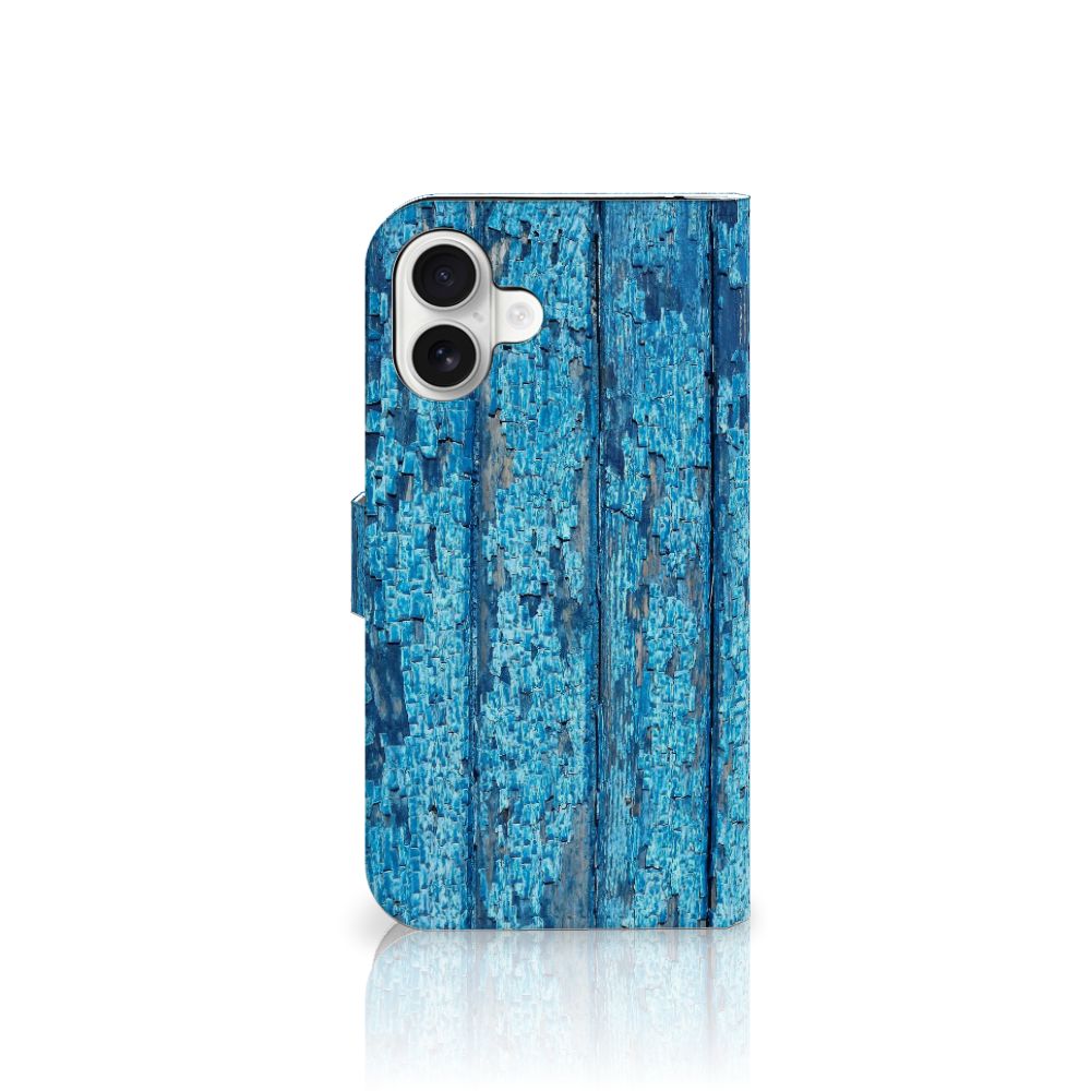 Apple iPhone 16 Plus Book Style Case Wood Blue voorkant design blauw afgebladderd hout