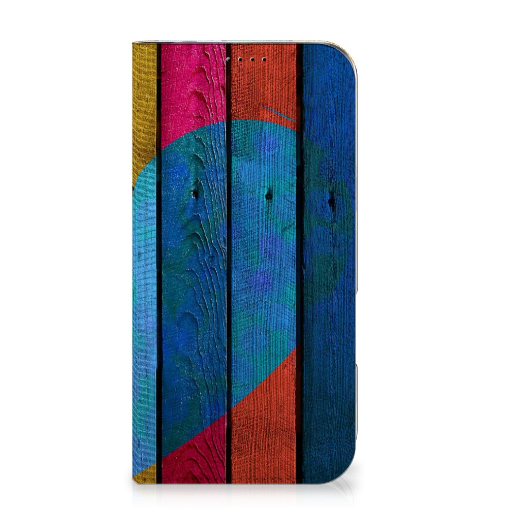 iPhone 16 Plus Book Wallet Case Wood Heart designkleurige print voorkant