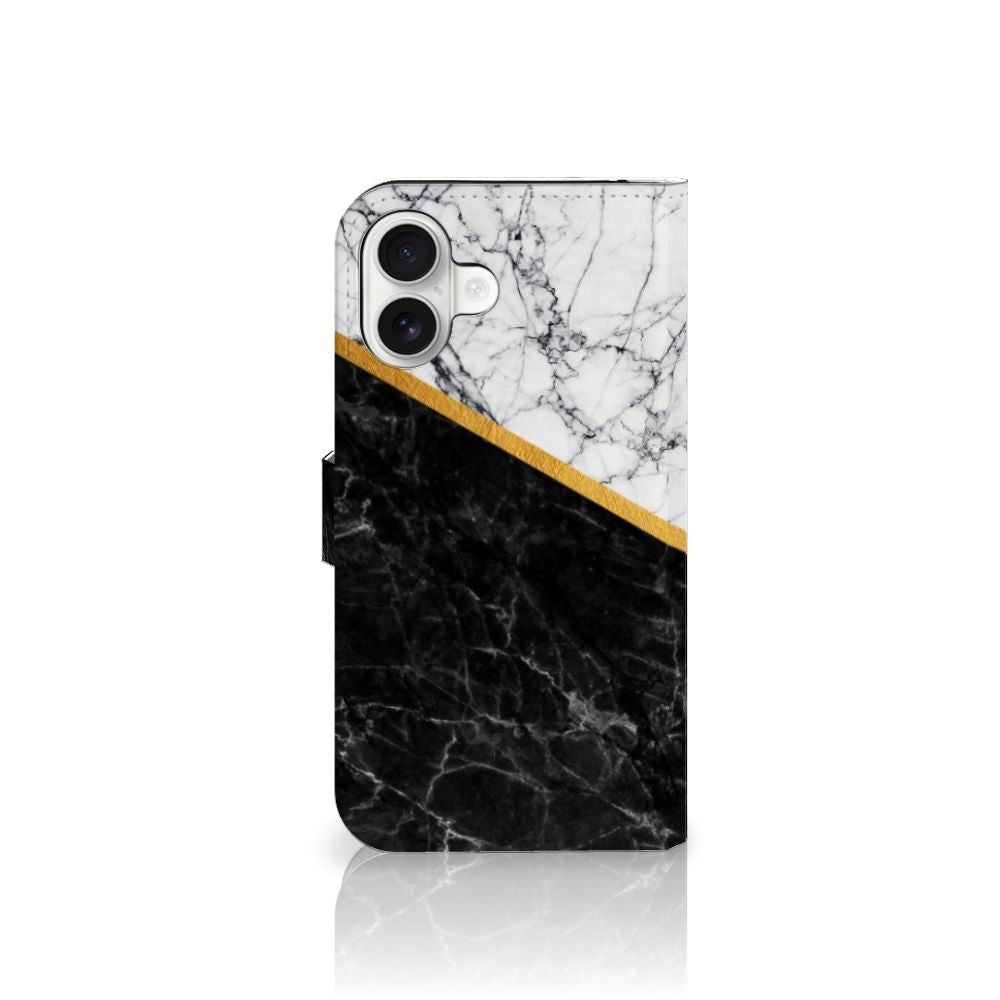 iPhone 16 Plus Bookcase Marmer Wit Zwart design marmer voorzijde