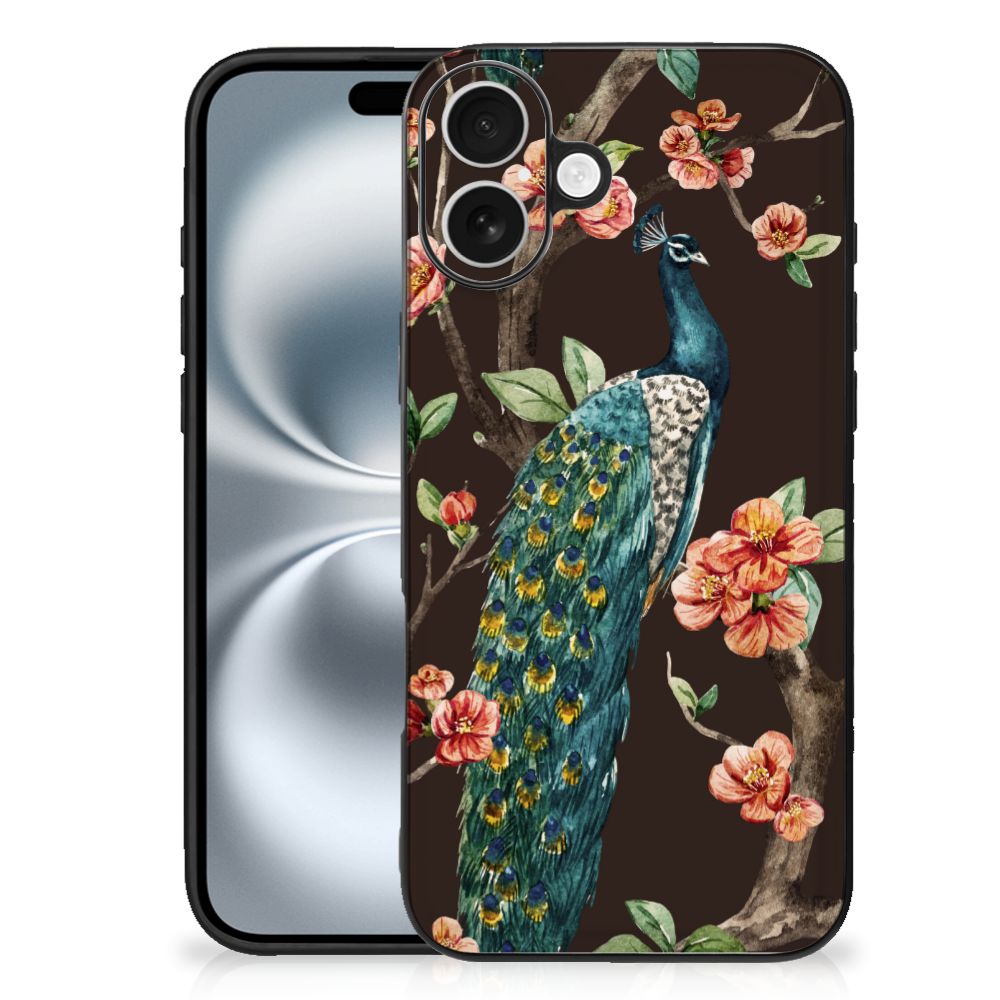 Apple iPhone 16 Plus Dierenprint Telefoonhoesje Pauw met Bloemen achterkant design pauw bloemen