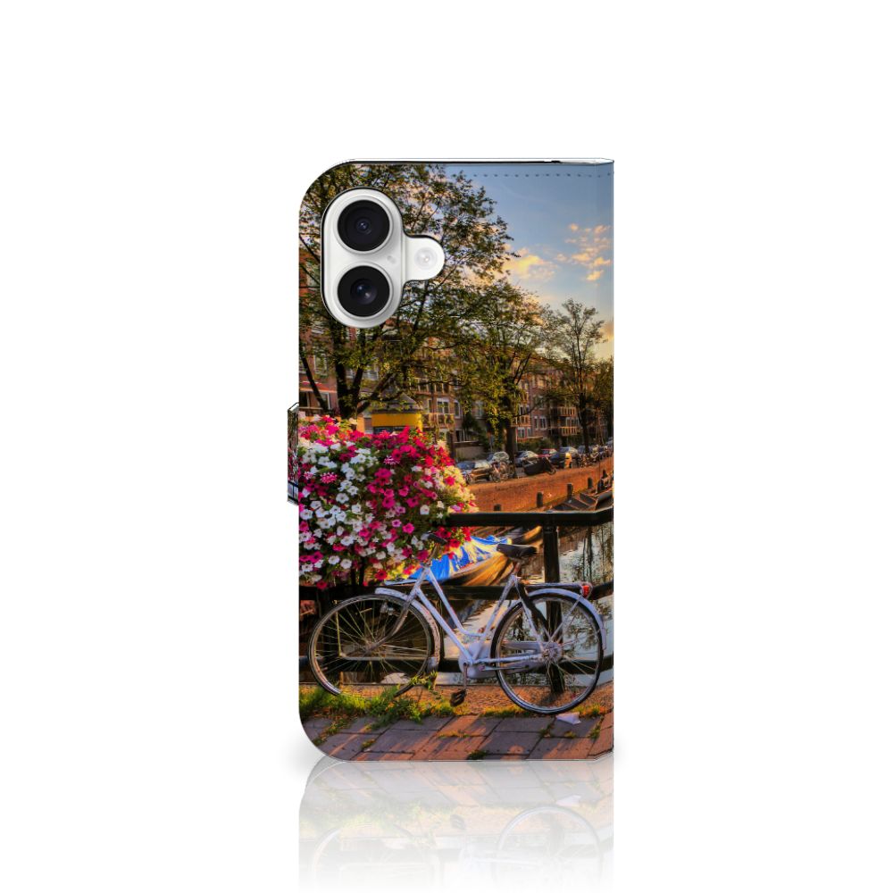 iPhone 16 Plus Flip Cover Amsterdamse Grachten fiets bloemen uitzicht