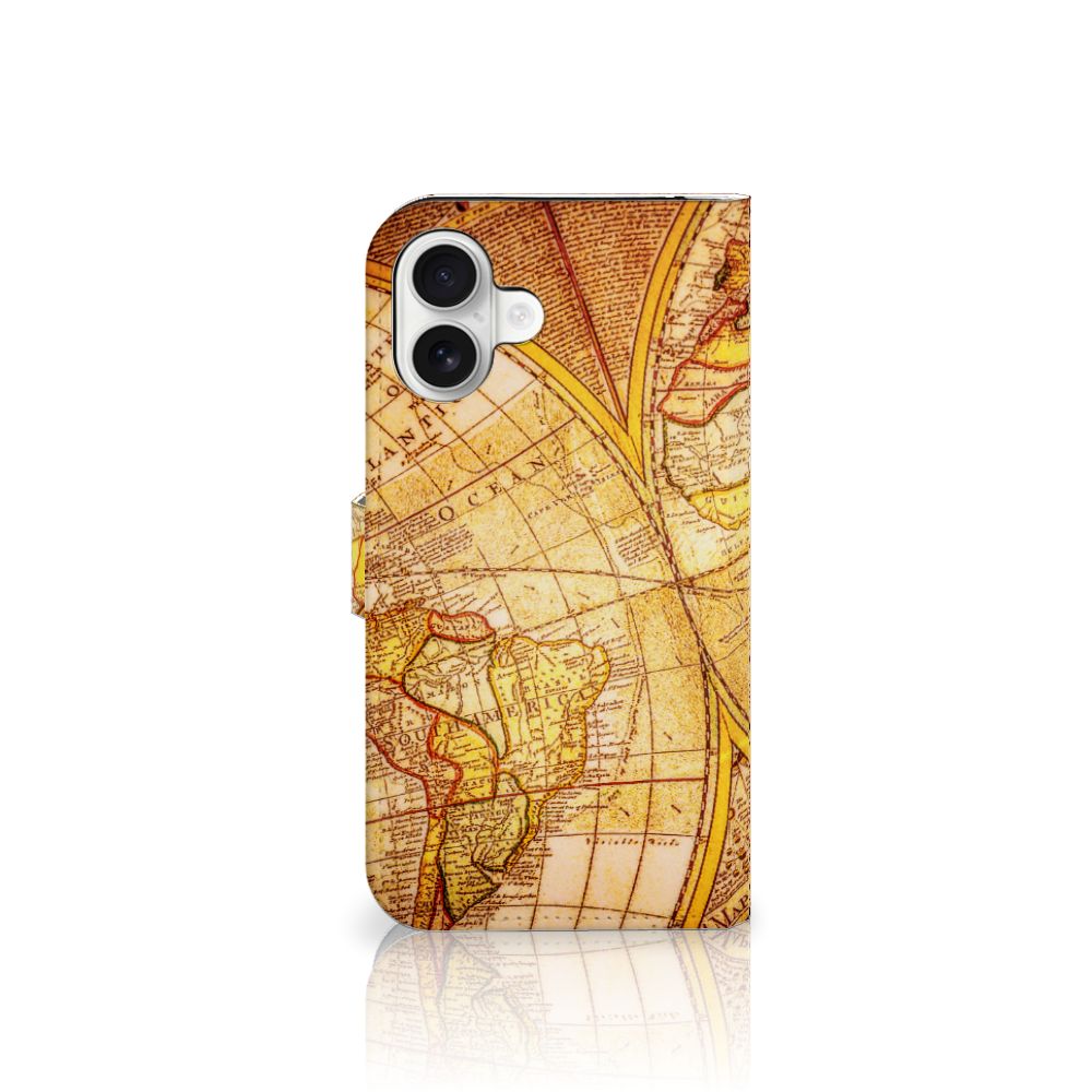 iPhone 16 Plus Flip Cover Kompas hoesje wereldkaart bruin