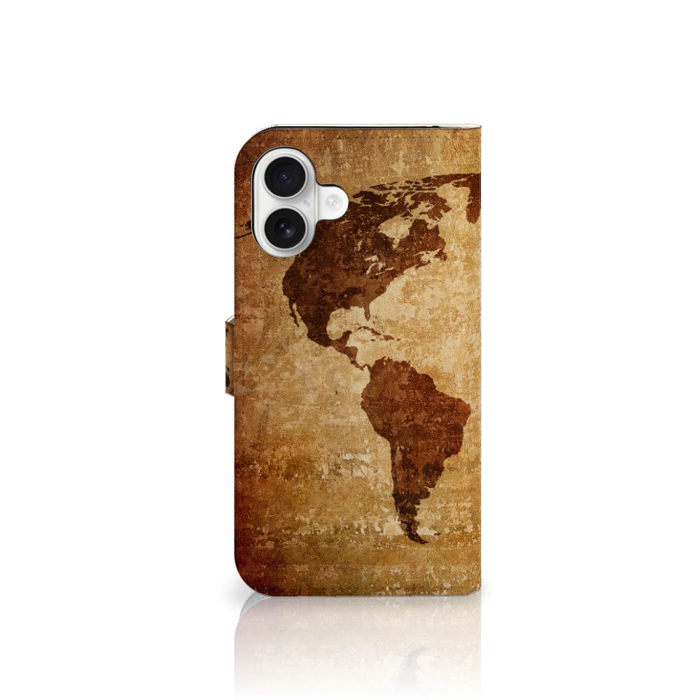 Apple iPhone 16 Plus Flip Cover Wereldkaart pasjes bruin