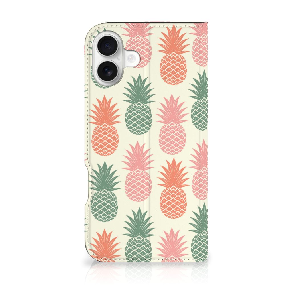 iPhone 16 Plus Flip Style Cover Ananas telefoonhoesje ananas patroon voorkant