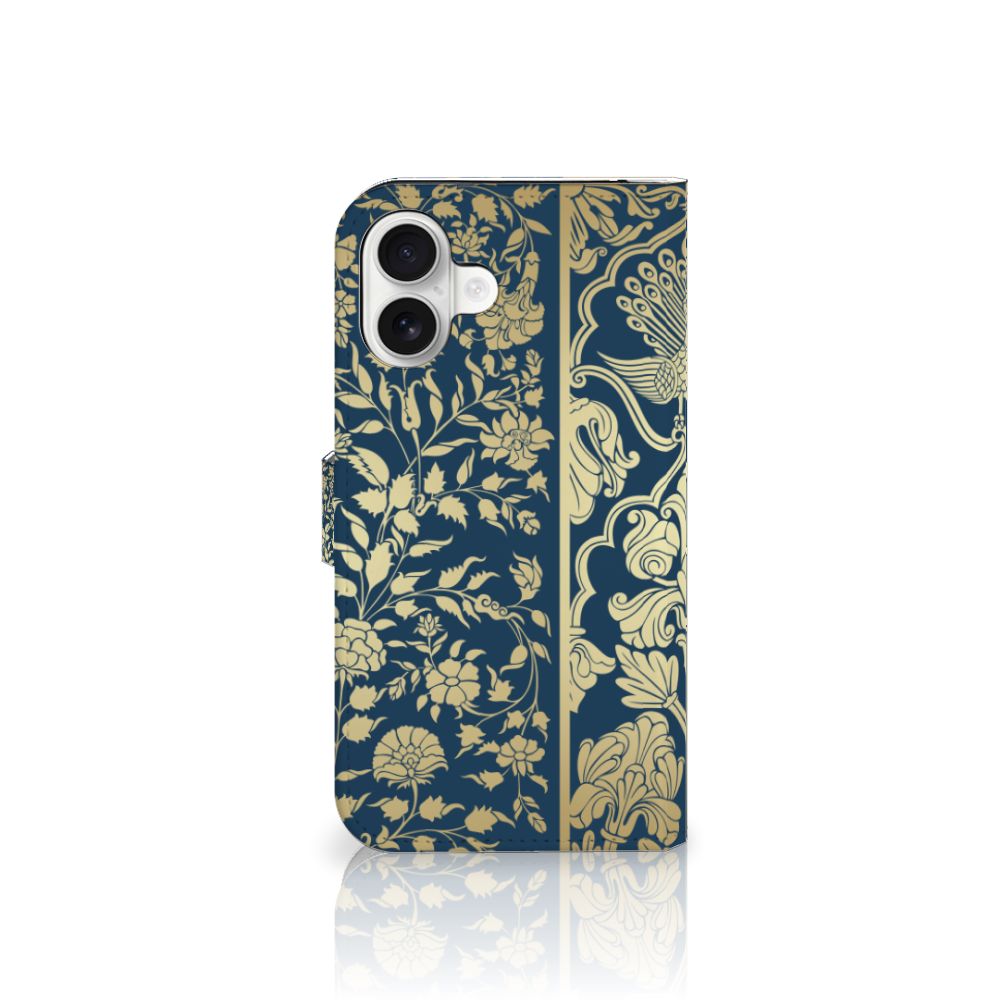 iPhone 16 Plus Hoesje Beige Flowers design bloemen donkerblauw