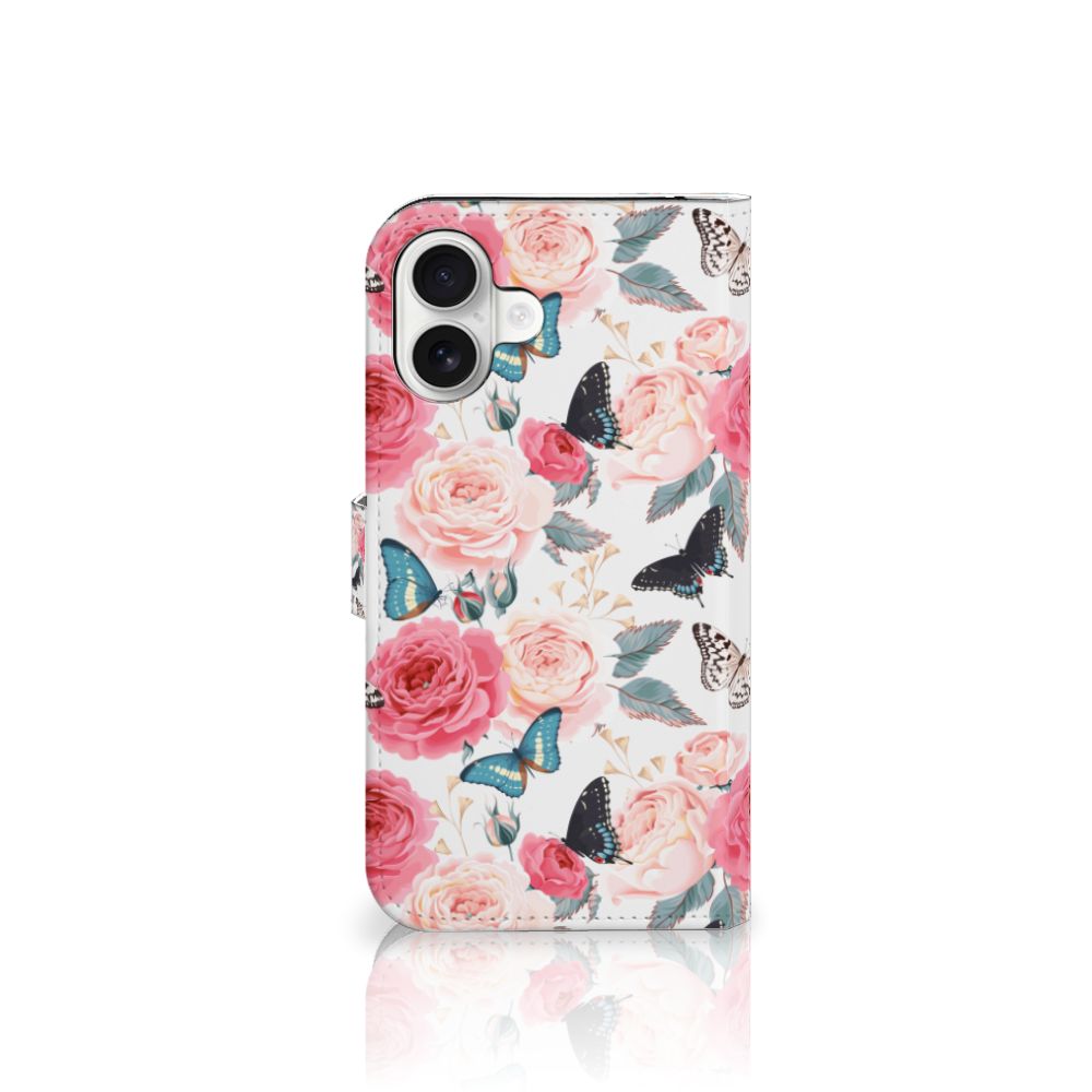 iPhone 16 Plus Hoesje Butterfly Roses boekhoesje romantische vlinders rozen aanzicht