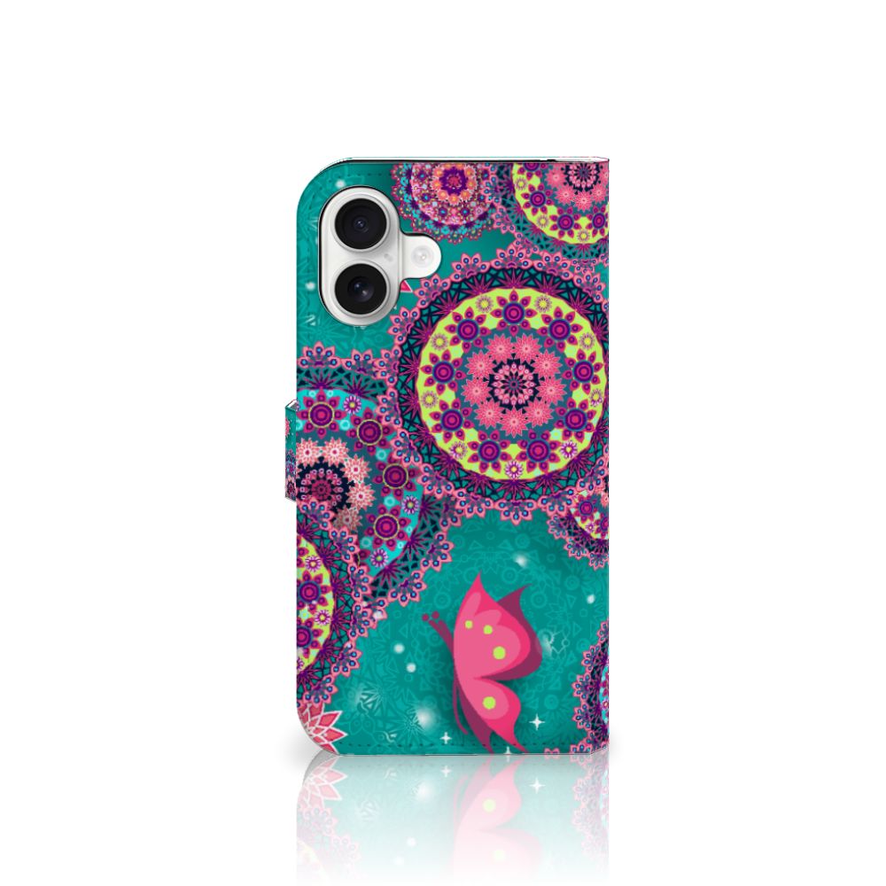 iPhone 16 Plus Hoesje Cirkels en Vlinders bookstyle case design met vlinders cirkels