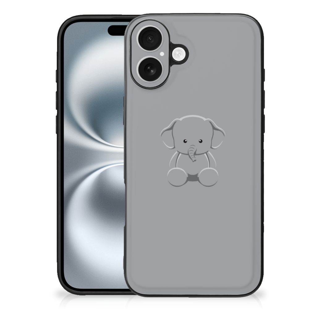 Apple iPhone 16 Plus Hoesje Grijs Baby Olifant back cover grijs met olifant illustratie