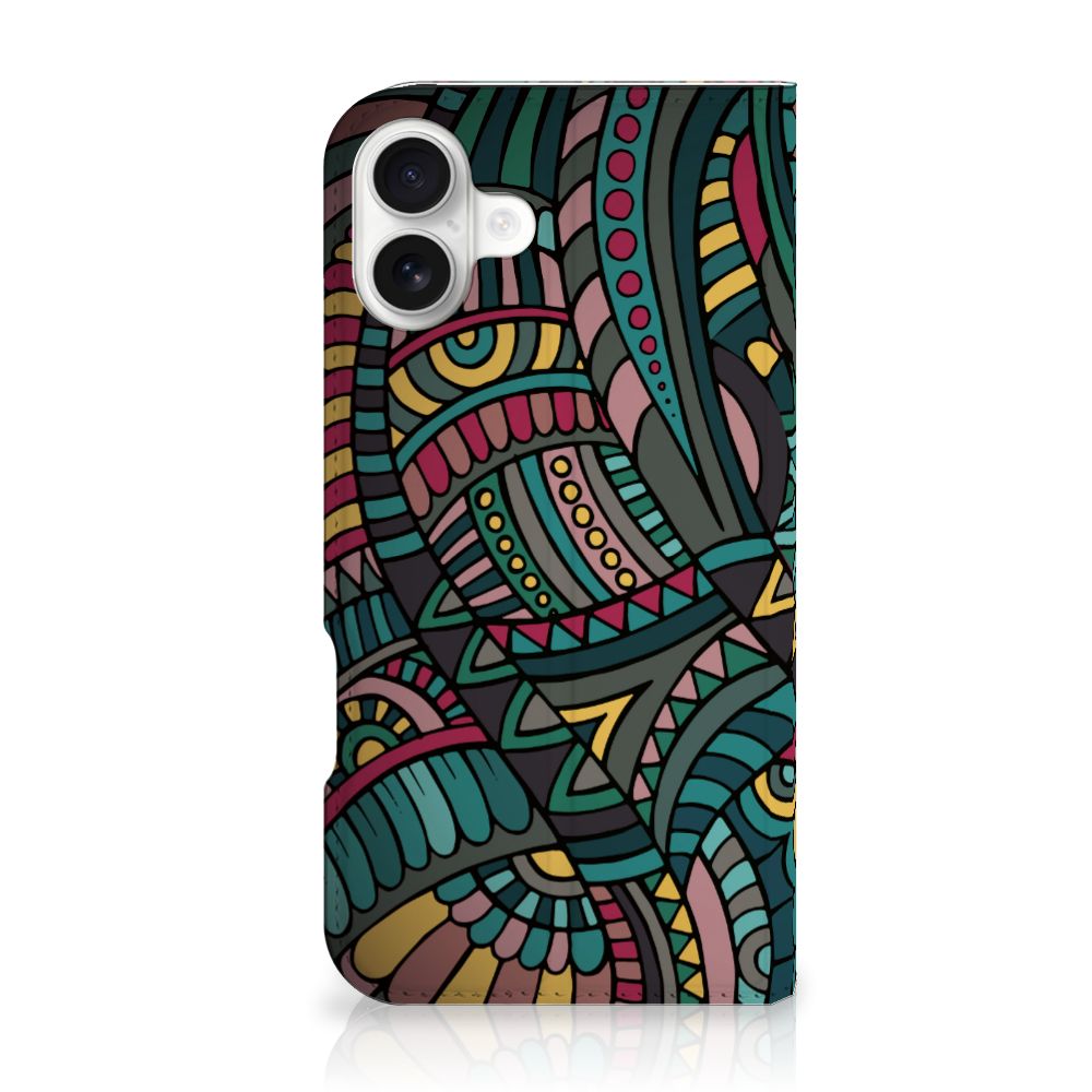 iPhone 16 Plus Hoesje met Magneet Aztec artistiek retro design achterkant