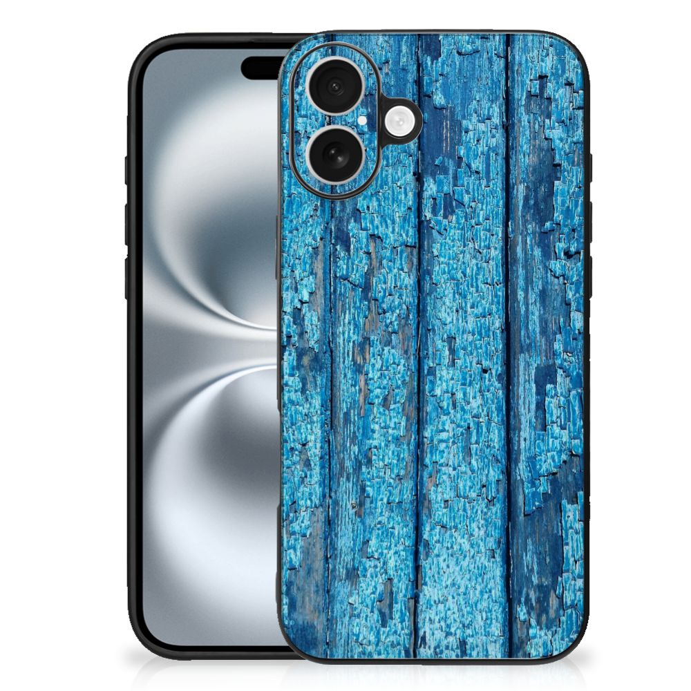 Apple iPhone 16 Plus Houten Print Telefoonhoesje Wood Blue achterkant houtenprint blauw