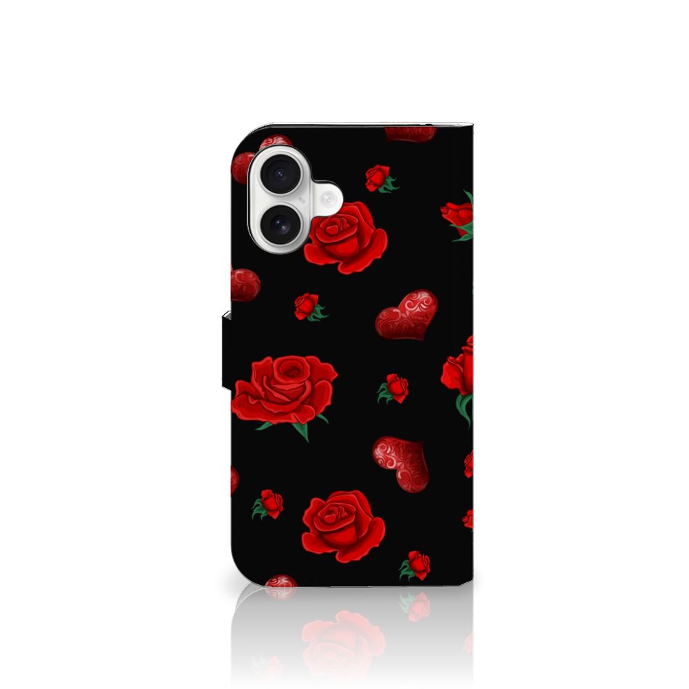iPhone 16 Plus Leuk Hoesje Valentine bookcase rozen design vooraanzicht