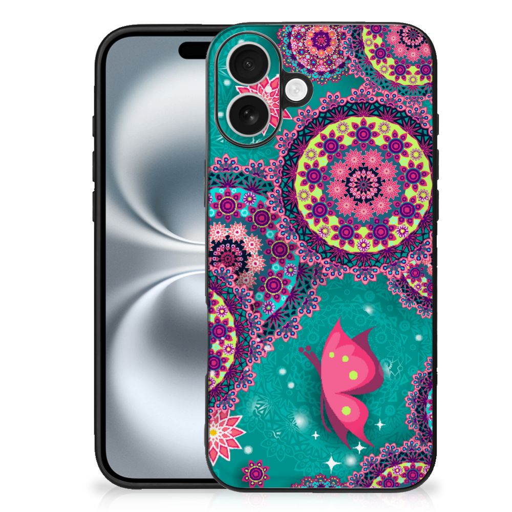 Apple iPhone 16 Plus iPhone 16 Plus Leuk Telefoonhoesje Cirkels en Vlinders achterkant met bloemen en vlinders