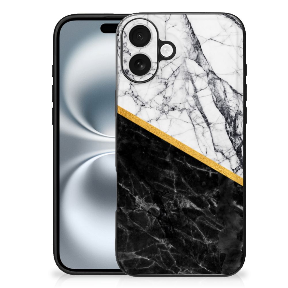 iPhone 16 Plus Marmeren Print Telefoonhoesje Marmer Wit Zwart achterkant zwart wit goud