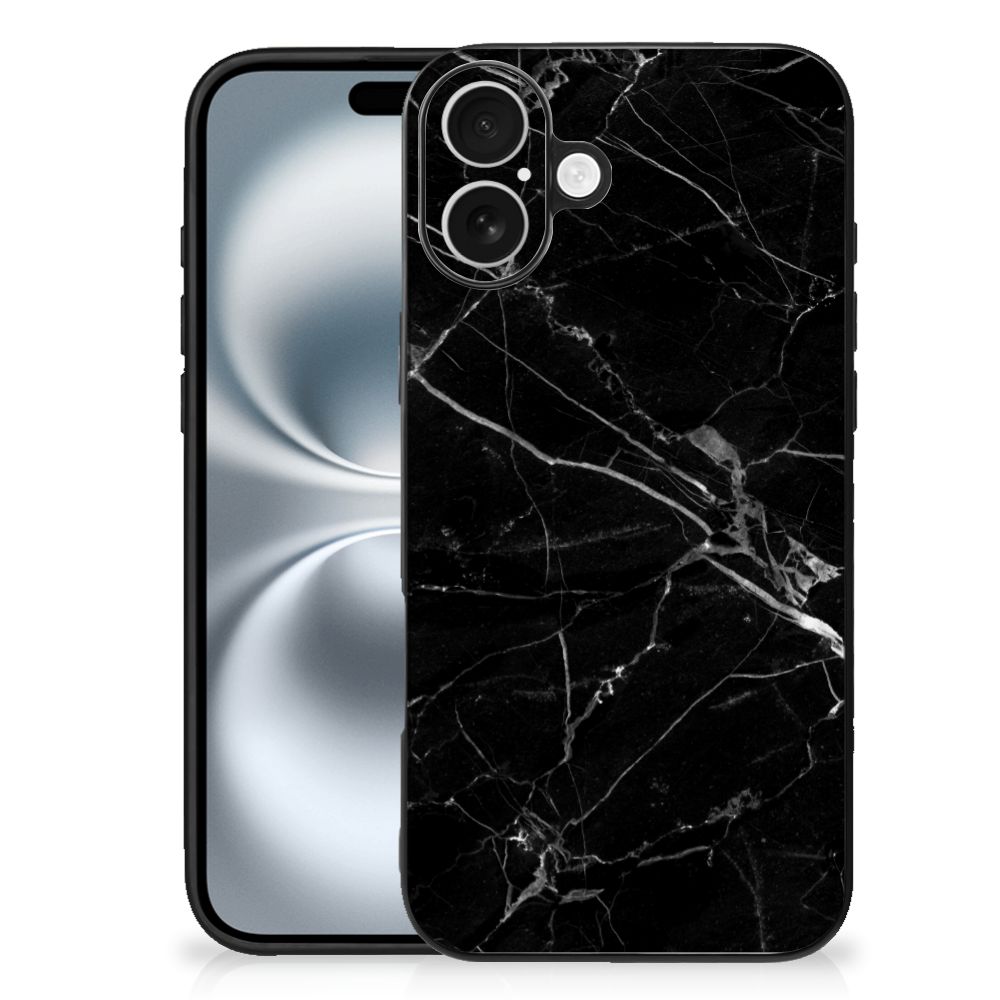 Apple iPhone 16 Plus Marmeren Print Telefoonhoesje Marmer Zwart achterkant zwart marmer design