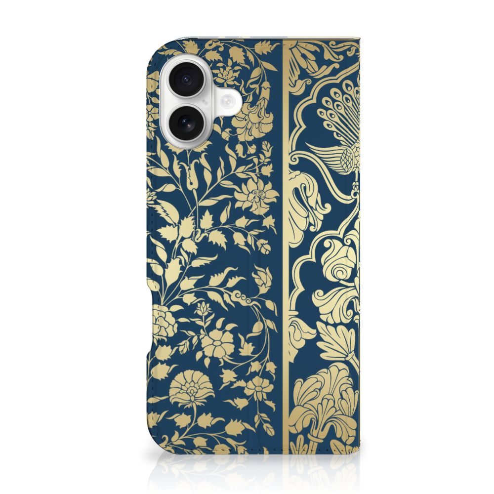 iPhone 16 Plus Smart Cover Beige Flowers bloemen donkerblauw ontwerp achterkant