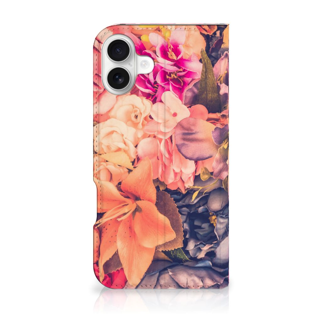 iPhone 16 Plus Smart Cover Bosje Bloemen bloemen oranje paars roze voorkant