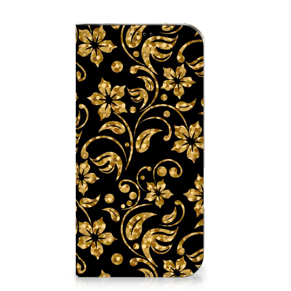 iPhone 16 Plus Smart Cover Gouden Bloemen telefoonhoesje gouden bloemen design voorkant