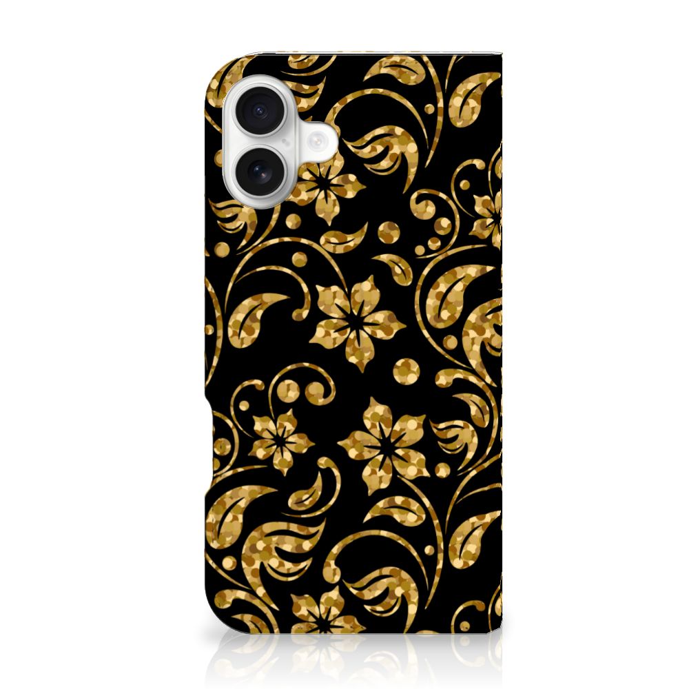 iPhone 16 Plus Smart Cover Gouden Bloemen bloemen zwart design achteraanzicht