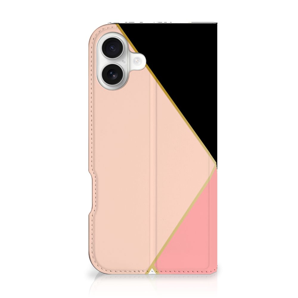 Apple iPhone 16 Plus Stand Case Zwart Roze Vormen design zwart roze aanzicht