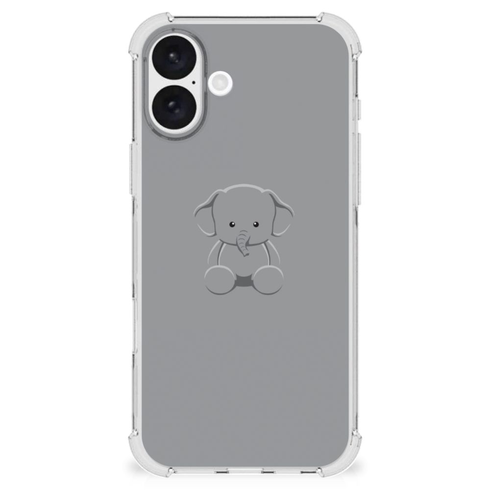 iPhone 16 Plus Stevig Bumper Hoesje Grijs Baby Olifant achteraanzicht