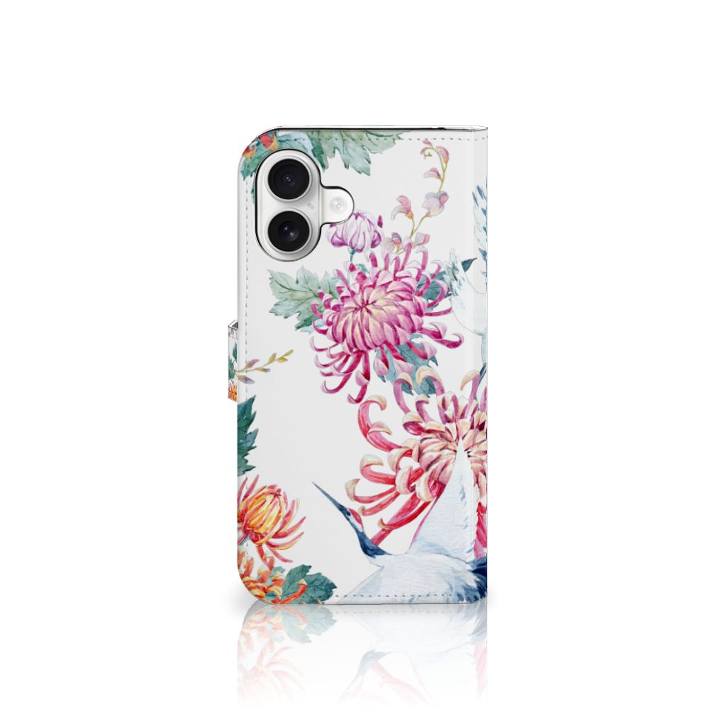 iPhone 16 Plus Telefoonhoesje met Pasjes Bird Flowers boekhoesje met bloemen kleurrijk aanzicht