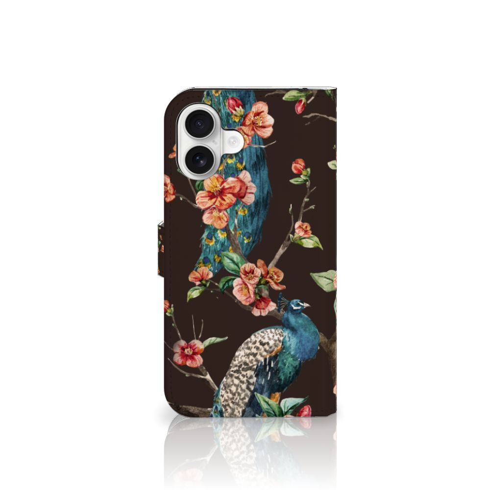 iPhone 16 Plus Telefoonhoesje met Pasjes Pauw met Bloemen telefoonhoesje pauw bloemen achterkant